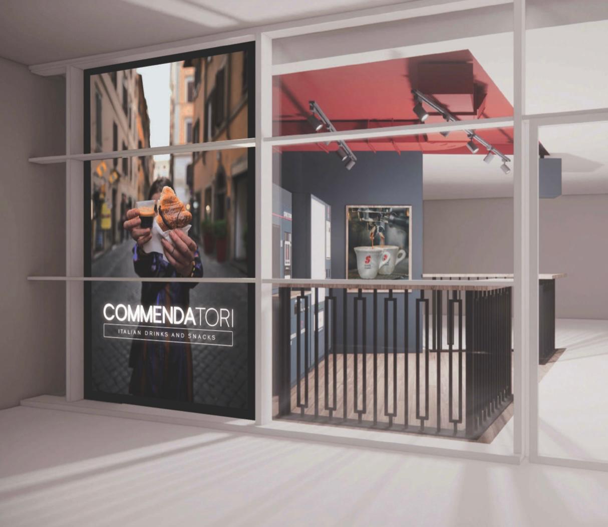 Commendatori unmanned café concept with Italian drinks and snacks, featuring modern contemporary design and Essse Caffè products.