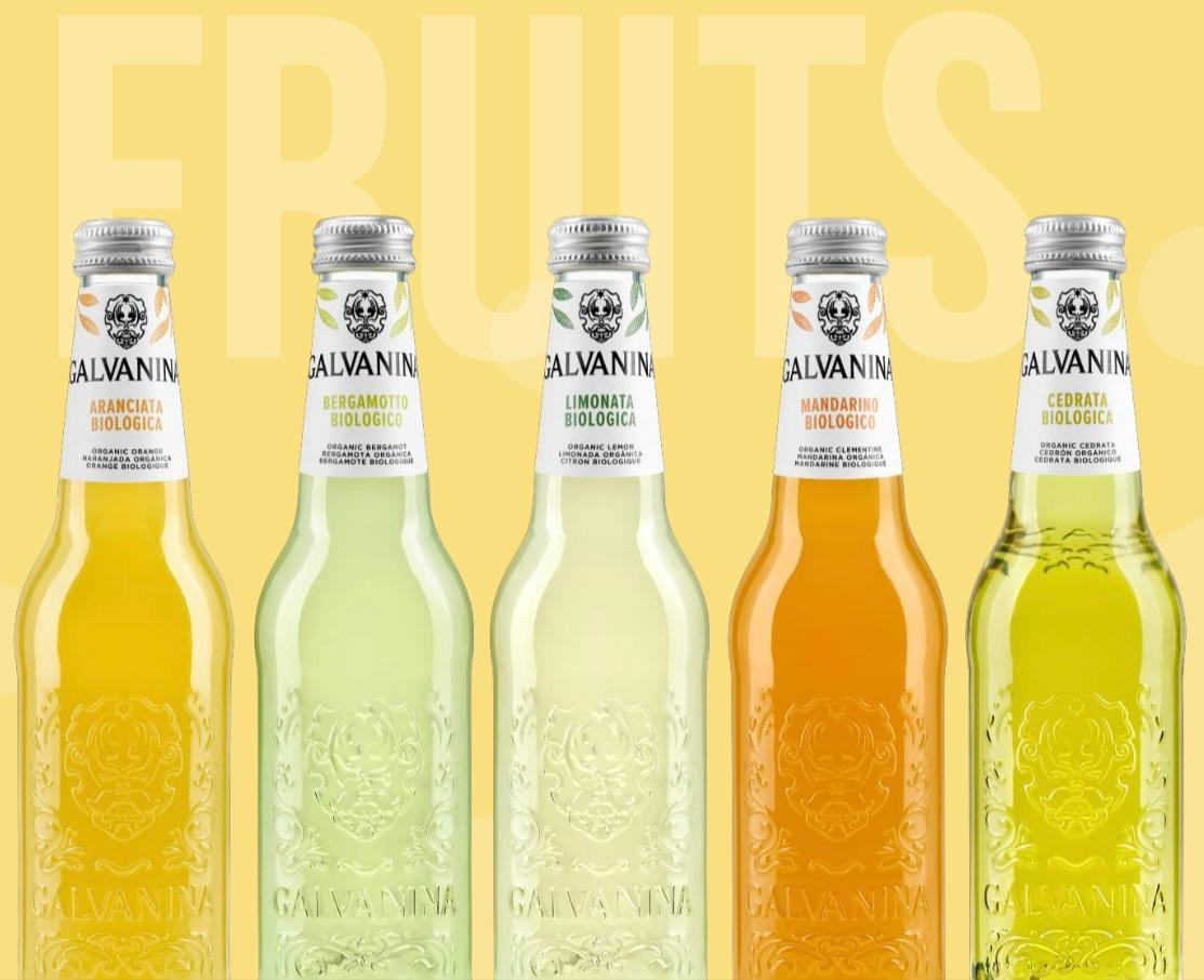 Galvanina organic Italian sodas in assorted flavors including blood orange, bergamot, lemon, mandarin, and citron, chilled to perfection.